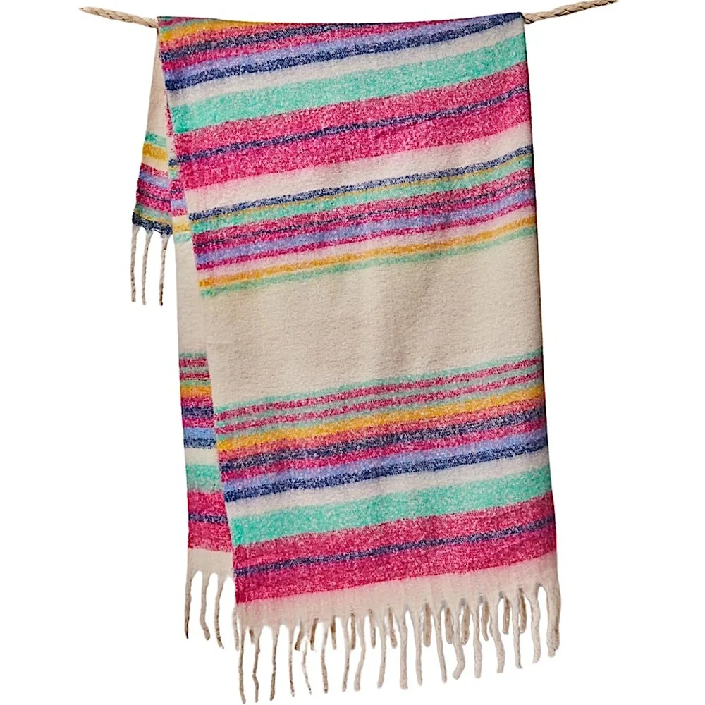 Free People Collection Skye Stripe Fringe Throw Blanket Ivory Multi - Picture 1 of 8